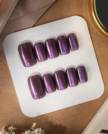 Grape Color Cat-eye press-on nails in short square shape — purple cat eye nails