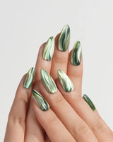 Green Ribbons nails in medium almond — Mori Dark Green &