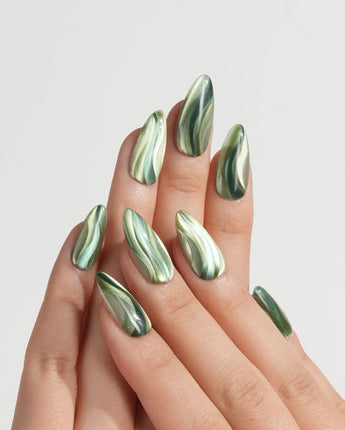 Green Ribbons nails in medium almond — Mori Dark Green &