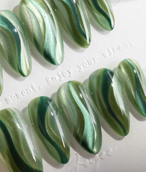 Green Ribbons press-on nails — Mori Dark Green &