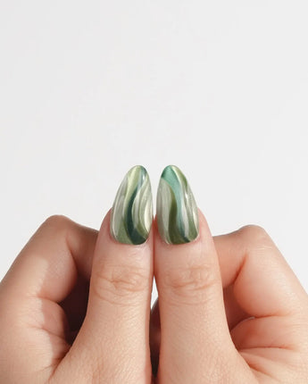 Green Ribbons nails in medium almond — Mori Dark Green &