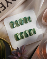 Green Ribbons nails in extra short coffin — Mori Dark Green &
