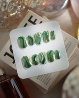 Green Ribbons nails in extra short oval — Mori Dark Green &