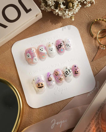 Hallow’s Eve nails — sheer pink base iridescent by Joyee Nails