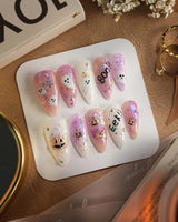 Hallow’s Eve nails — sheer pink base iridescent by Joyee Nails