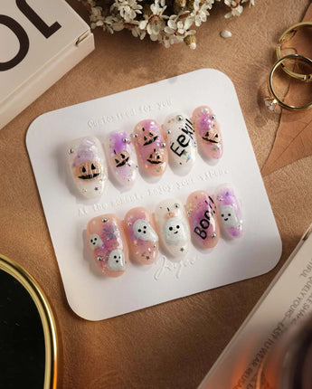 Hallow’s Eve nails — sheer pink base iridescent by Joyee Nails