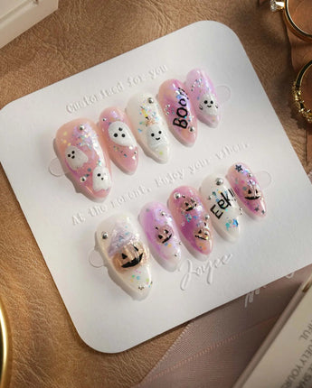Hallow’s Eve nails — sheer pink base iridescent by Joyee Nails