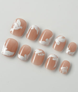 Hand-Painted Echoes of Peace press-on nail set — White Peace Doves nails design, hand-painted with real gel polish
