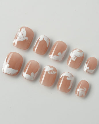 Hand-Painted Echoes of Peace press-on nail set — White Peace Doves nails design, hand-painted with real gel polish