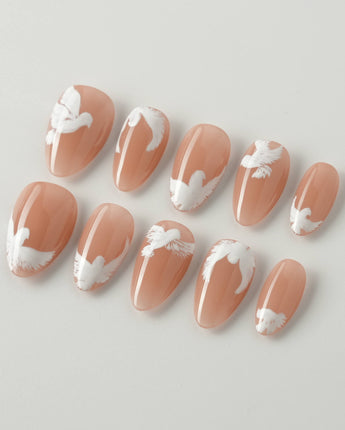 Hand-Painted Echoes of Peace press-on nails in extra short almond shape — White Peace Doves nails