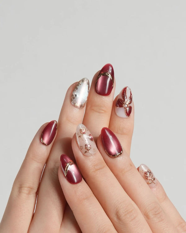 Handmade holiday press on nails in red and gold