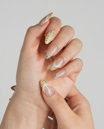 Tweed Light nails with warm gold glitter, yellow tweed plaid, and delicate trim details