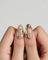 Gothic Red press-on nails with burgundy red gel, gothic ornaments and metallic cross charms