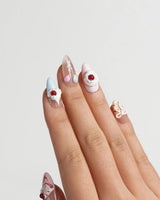 Happy Birthday press-on nails in short almond shape — Sweet Cream Cake, 3D Cherries & Colorful Balloons.