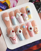 Happy Birthday press-on nails — Sweet Cream Cake, 3D Cherries & Colorful Balloons. handmade nail art by Joyee Nails