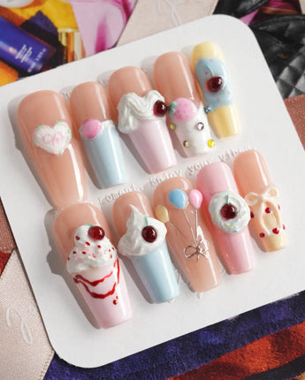 Happy Birthday press-on nails — Sweet Cream Cake, 3D Cherries & Colorful Balloons. handmade nail art by Joyee Nails