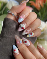 Happy Birthday press-on nails — Sweet Cream Cake, 3D Cherries & Colorful Balloons. handmade nail art by Joyee Nails