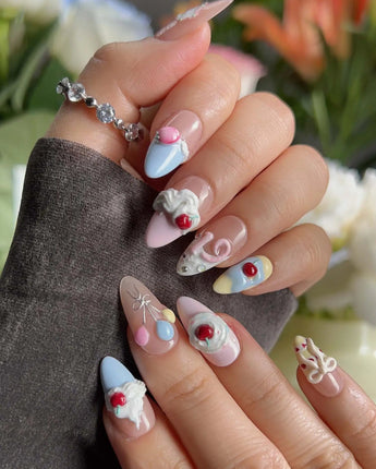 Happy Birthday press-on nails — Sweet Cream Cake, 3D Cherries & Colorful Balloons. handmade nail art by Joyee Nails
