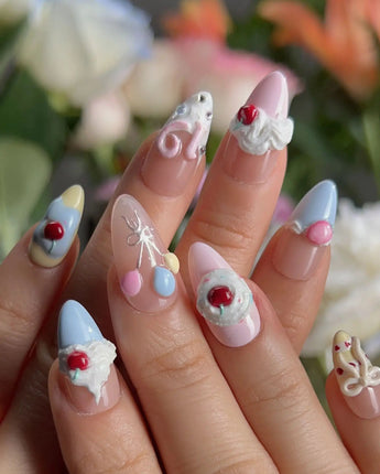 Happy Birthday nail art close-up showing Sweet Cream Cake, 3D Cherries & Colorful Balloons. details