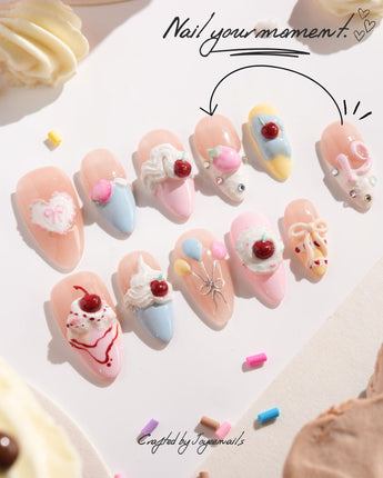 Happy Birthday handmade press-on nails featuring Sweet Cream Cake, 3D Cherries & Colorful Balloons.