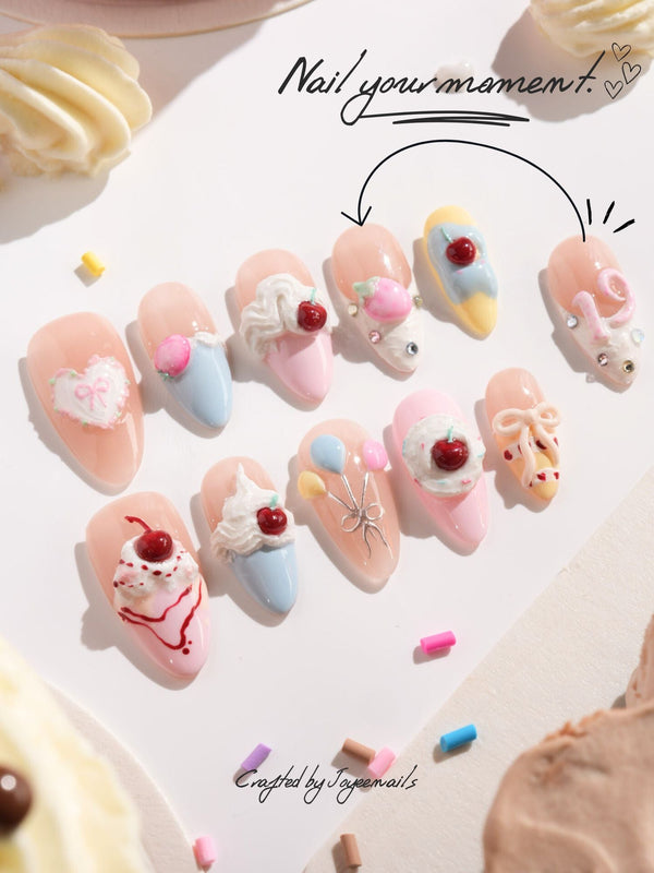 Happy Birthday handmade press-on nails featuring Sweet Cream Cake, 3D Cherries & Colorful Balloons.