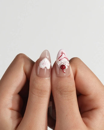 Happy Birthday press-on nails in short almond shape — Sweet Cream Cake, 3D Cherries & Colorful Balloons.