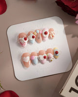 Happy Birthday press-on nails in extra short almond shape — Sweet Cream Cake, 3D Cherries & Colorful Balloons.