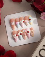 Happy Birthday press-on nails in medium stiletto shape — Sweet Cream Cake, 3D Cherries & Colorful Balloons.