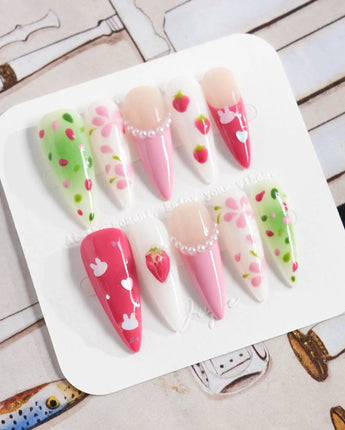Haru Picnic Set long stiletto nails with strawberry and floral cute nail art