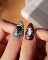 Haunted Manor press on nails with a haunted house in a gold frame, a 3D spider on a web, ghost, witch hat and black cat on cat eye - image 5