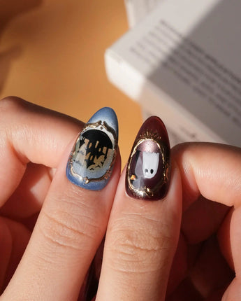 Haunted Manor press on nails with a haunted house in a gold frame, a 3D spider on a web, ghost, witch hat and black cat on cat eye - image 5