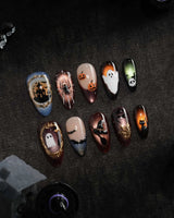 Haunted Manor press on nails with a haunted house in a gold frame, a 3D spider on a web, ghost, witch hat and black cat on cat eye - image 3