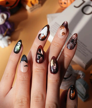 Haunted Manor press on nails with a haunted house in a gold frame, a 3D spider on a web, ghost, witch hat and black cat on cat eye - image 2