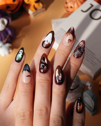 Haunted Manor press on nails with a haunted house in a gold frame, a 3D spider on a web, ghost, witch hat and black cat on cat eye - image 2
