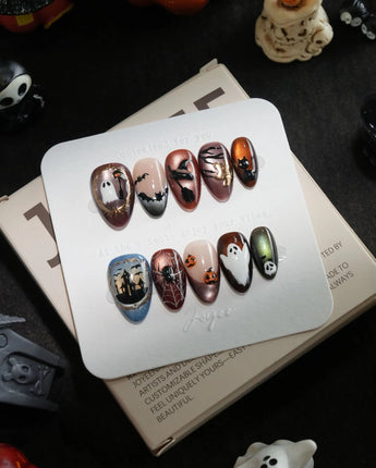 Haunted Manor handmade press-on nails in extra short almond shape by Joyee Nails