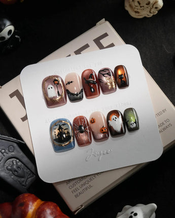 Haunted Manor handmade press-on nails in extra short square shape by Joyee Nails