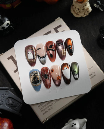 Haunted Manor handmade press-on nails in medium almond shape by Joyee Nails