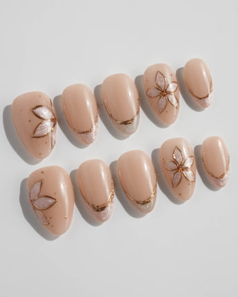 Haze Bloom press-on nails — Elegant Nude Pink, Embossed Florals & French Gold Edging. handmade nail art by Joyee Nails