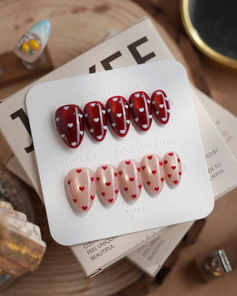 Heart Collector nails in extra short almond — Vintage Red Pear, Contrasting