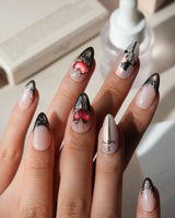 Heartbreaker press on nails with a 3D chrome snake, dagger, red heart in liquid silver and black rose silhouettes on nude with black tips - image 1