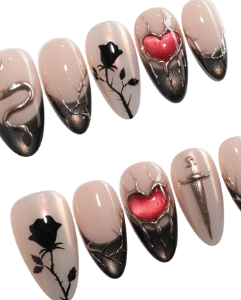 Heartbreaker press on nails with a 3D chrome snake, dagger, red heart in liquid silver and black rose silhouettes on nude with black tips - image 3