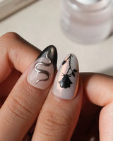 Heartbreaker press on nails with a 3D chrome snake, dagger, red heart in liquid silver and black rose silhouettes on nude with black tips - image 4