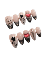 Heartbreaker press on nails with a 3D chrome snake, dagger, red heart in liquid silver and black rose silhouettes on nude with black tips - image 5
