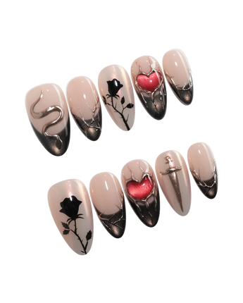 Heartbreaker press on nails with a 3D chrome snake, dagger, red heart in liquid silver and black rose silhouettes on nude with black tips - image 5