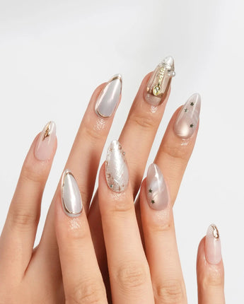 High Tea handmade luxury nails with jewelry-like chrome cutlery and pearl details