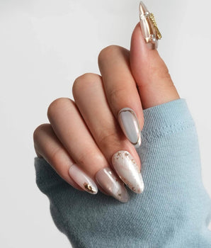 High Tea English afternoon tea nail art with pearls, gold leaf, and fine gold lines