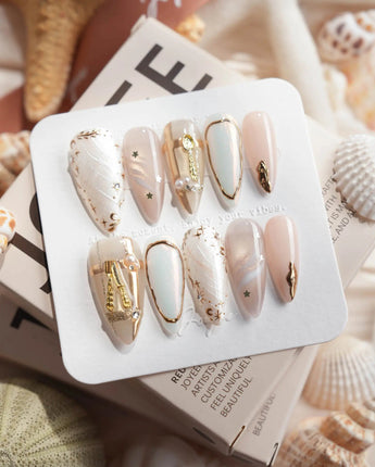 High Tea English afternoon tea press-on nails in medium stiletto shape