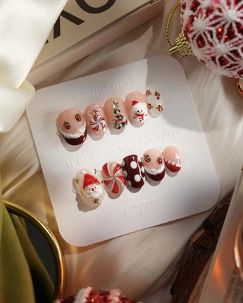 Holiday Party press-on nails — pearl nude cat eye snowflake bow silver glitter soft sheen handmade nail art by Joyee Nails