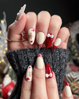 Holy night press-on nail set — Festive Christmas, Gingerbread Man & Hearts. design, hand-painted with real gel polish