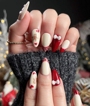 Holy night press-on nail set — Festive Christmas, Gingerbread Man & Hearts. design, hand-painted with real gel polish